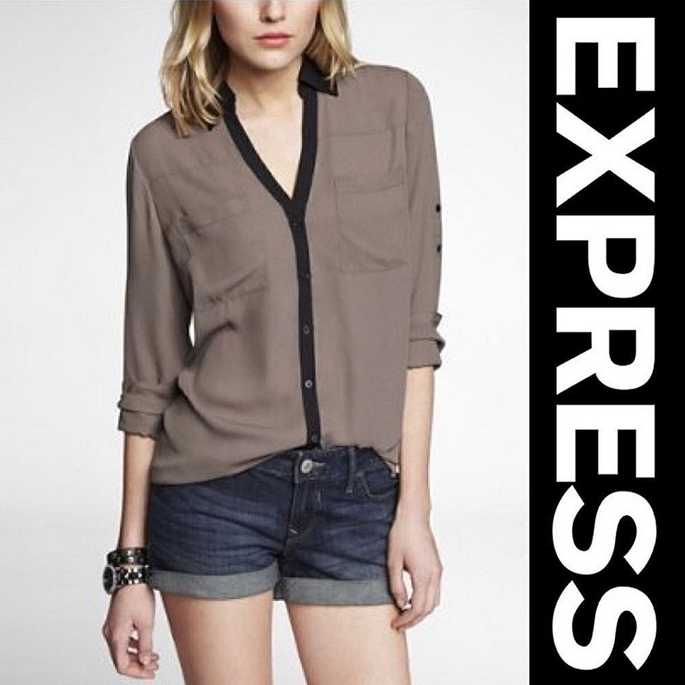 Express Portofino Taupe Button Down Blouse Black Trim